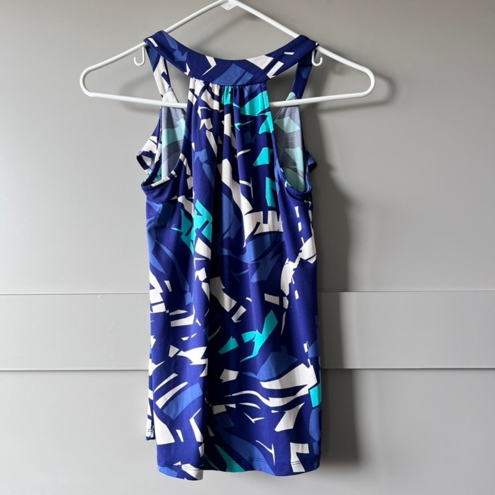 Tori Richard Hawaiian Womens XXS Blue Geometric Ruffle Tropical Tank Top Aloha - Picture 2 of 9